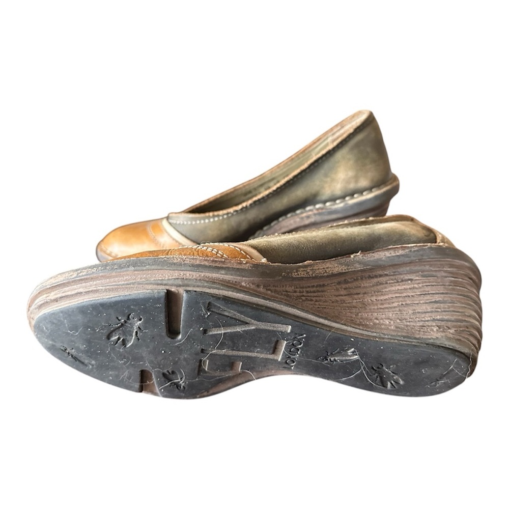 Fly London Two-Tone Olive Green and Tan Wedge Loafers